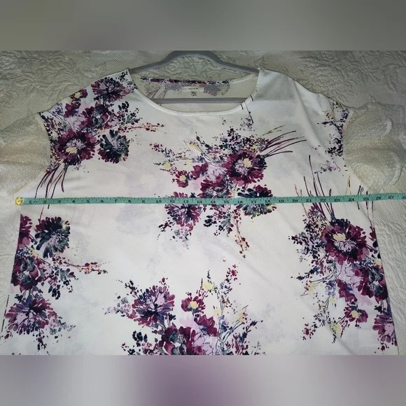 Maurices Blouse Floral Polyester Spandex Nylon Mesh Ivory Purple Scoop Sz 0 (xs) - Picture 7 of 8